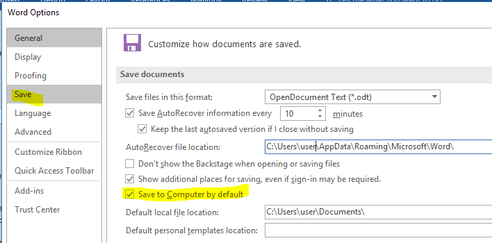 set default save location in office 365 for mac